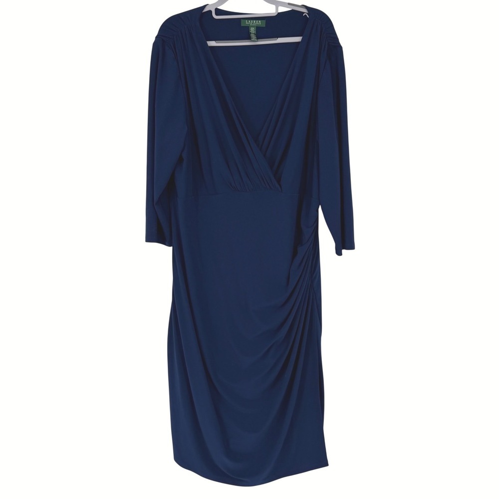 Lauren Ralph Lauren Navy Blue Ruched Faux Wrap Sheath Dress Womens 22W Plus Size